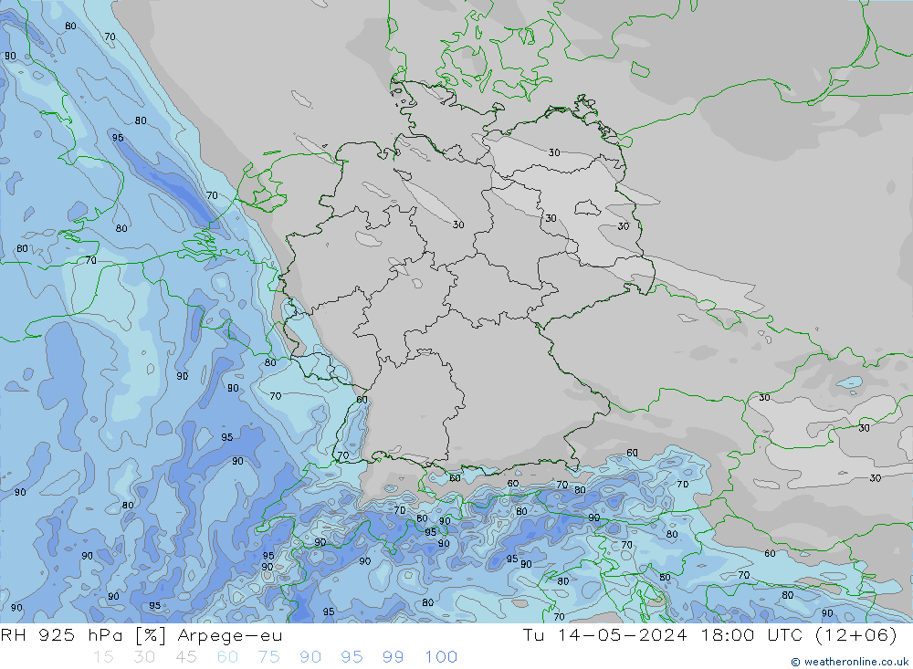 RH 925 hPa Arpege-eu 星期二 14.05.2024 18 UTC