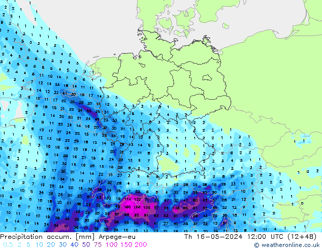 Precipitation accum. Arpege-eu  16.05.2024 12 UTC