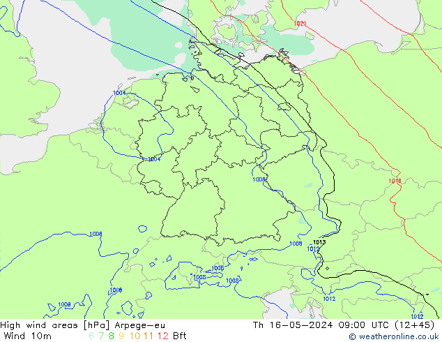 High wind areas Arpege-eu Qui 16.05.2024 09 UTC