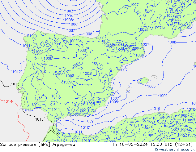 Pressione al suolo Arpege-eu gio 16.05.2024 15 UTC