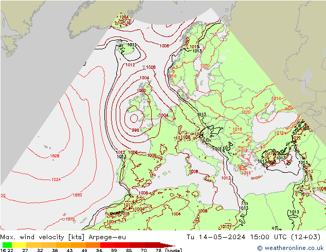 Max. wind velocity Arpege-eu mar 14.05.2024 15 UTC