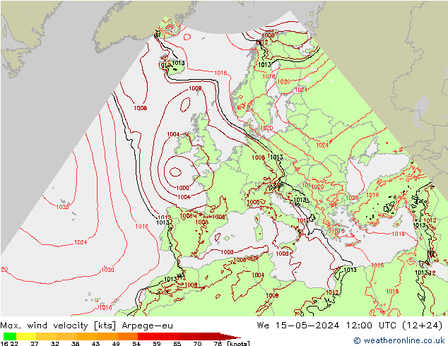 Max. wind velocity Arpege-eu 星期三 15.05.2024 12 UTC