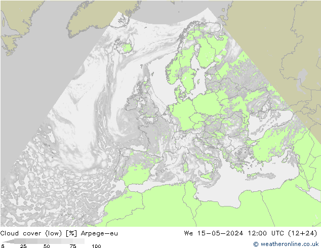 Cloud cover (low) Arpege-eu We 15.05.2024 12 UTC