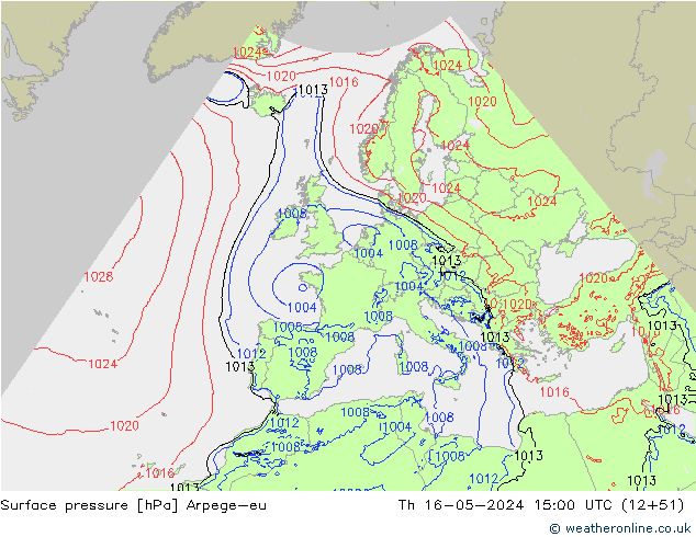 приземное давление Arpege-eu чт 16.05.2024 15 UTC