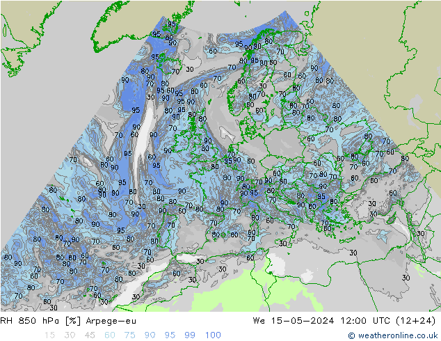 RH 850 hPa Arpege-eu 星期三 15.05.2024 12 UTC