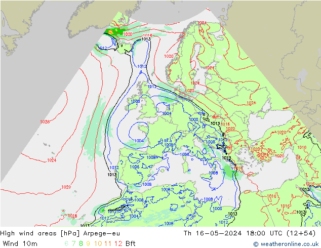 High wind areas Arpege-eu gio 16.05.2024 18 UTC