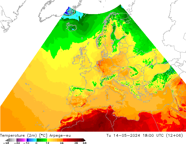 Temperature (2m) Arpege-eu Út 14.05.2024 18 UTC