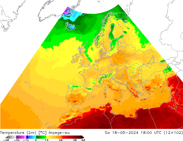 Temperaturkarte (2m) Arpege-eu Sa 18.05.2024 18 UTC
