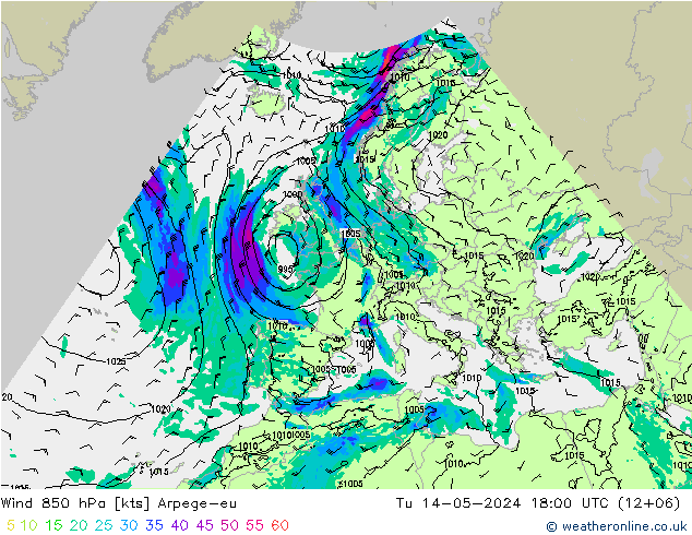 Wind 850 hPa Arpege-eu Tu 14.05.2024 18 UTC