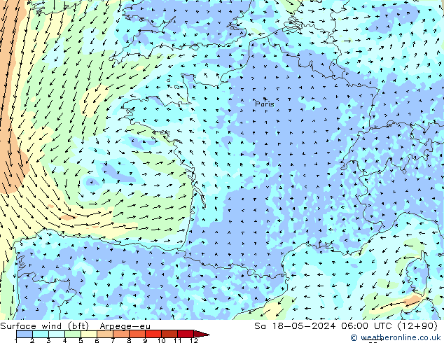 Surface wind (bft) Arpege-eu So 18.05.2024 06 UTC