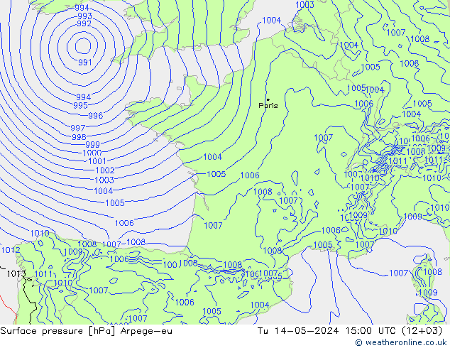 Atmosférický tlak Arpege-eu Út 14.05.2024 15 UTC