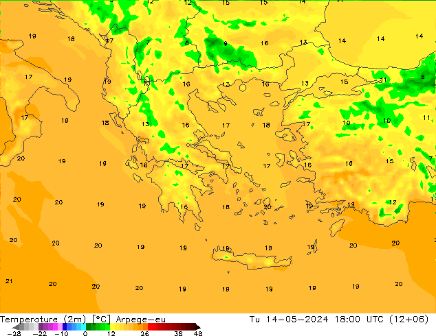 Temperatuurkaart (2m) Arpege-eu di 14.05.2024 18 UTC
