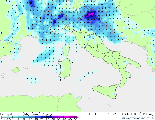 Precipitazione (6h) Arpege-eu gio 16.05.2024 00 UTC