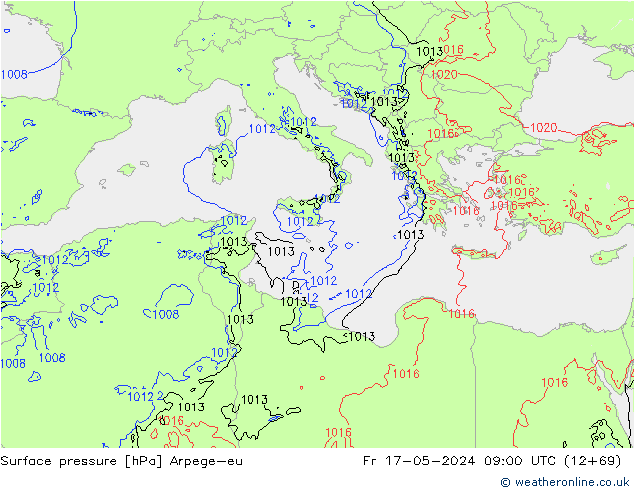 Pressione al suolo Arpege-eu ven 17.05.2024 09 UTC