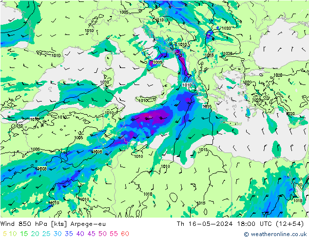 Wind 850 hPa Arpege-eu Th 16.05.2024 18 UTC