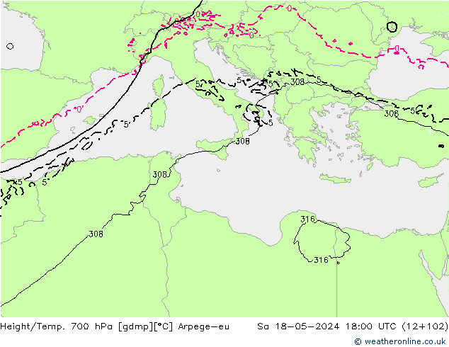 Height/Temp. 700 hPa Arpege-eu Sa 18.05.2024 18 UTC