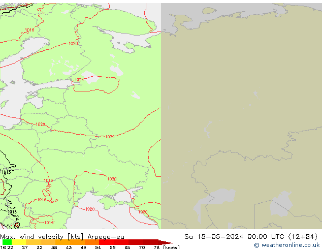 Max. wind velocity Arpege-eu Sa 18.05.2024 00 UTC