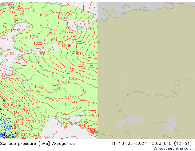 Pressione al suolo Arpege-eu gio 16.05.2024 15 UTC