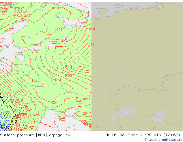 Pressione al suolo Arpege-eu gio 16.05.2024 21 UTC