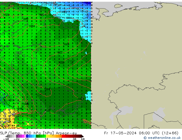 SLP/Temp. 850 hPa Arpege-eu Fr 17.05.2024 06 UTC
