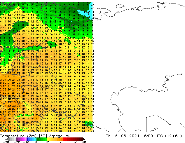 Temperatura (2m) Arpege-eu Qui 16.05.2024 15 UTC