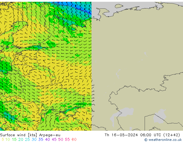 wiatr 10 m Arpege-eu czw. 16.05.2024 06 UTC