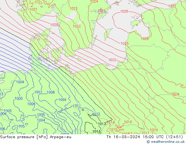 приземное давление Arpege-eu чт 16.05.2024 15 UTC