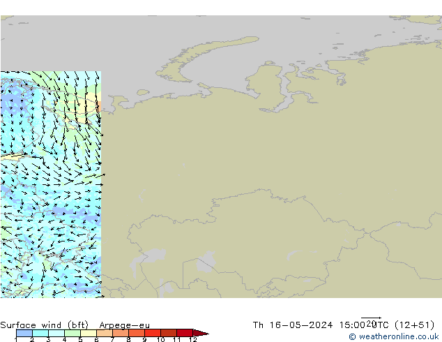 Surface wind (bft) Arpege-eu Čt 16.05.2024 15 UTC