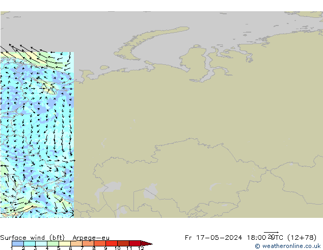 Surface wind (bft) Arpege-eu Pá 17.05.2024 18 UTC