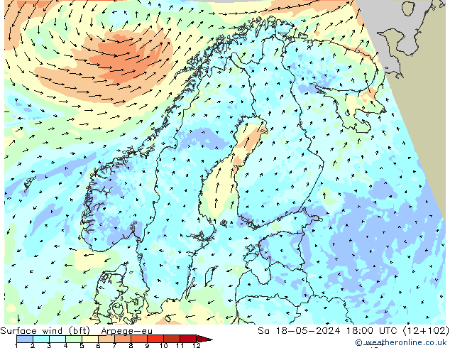 Surface wind (bft) Arpege-eu Sa 18.05.2024 18 UTC