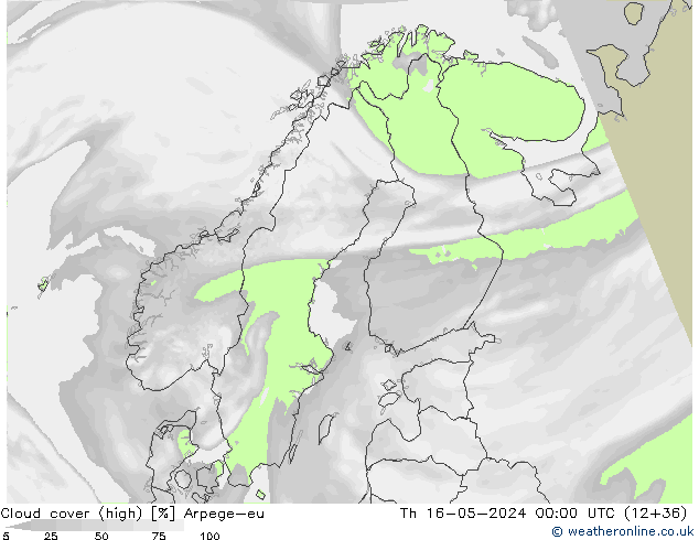 Cloud cover (high) Arpege-eu Th 16.05.2024 00 UTC
