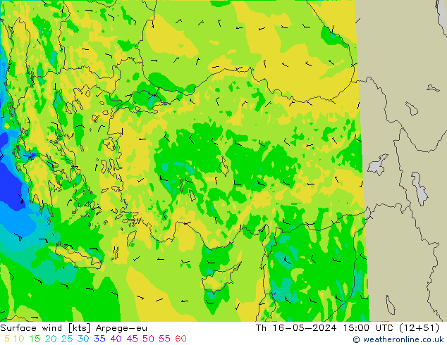 Surface wind Arpege-eu Čt 16.05.2024 15 UTC