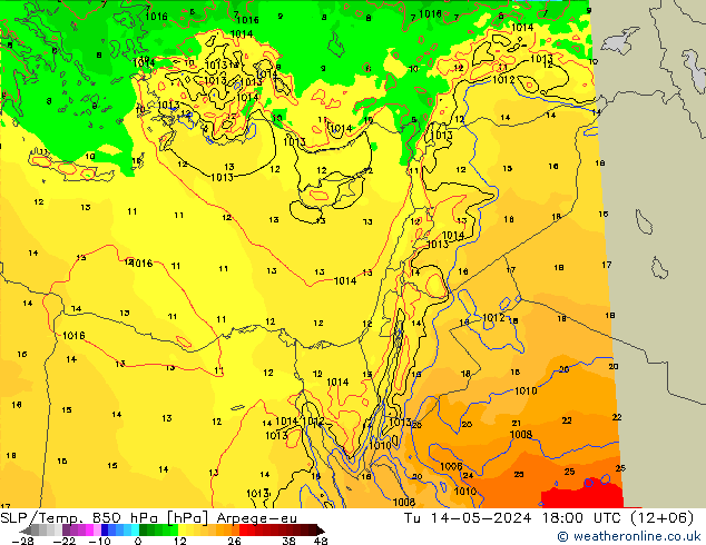 SLP/Temp. 850 hPa Arpege-eu Tu 14.05.2024 18 UTC