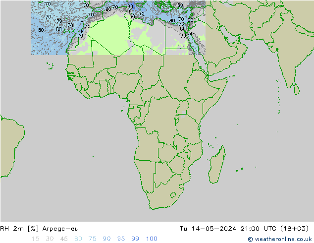 Humidité rel. 2m Arpege-eu mar 14.05.2024 21 UTC