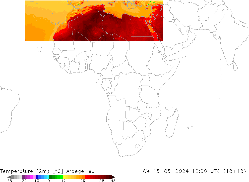 Temperaturkarte (2m) Arpege-eu Mi 15.05.2024 12 UTC