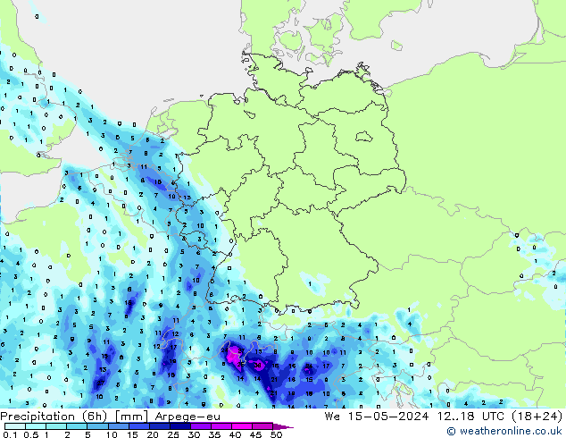 Totale neerslag (6h) Arpege-eu wo 15.05.2024 18 UTC