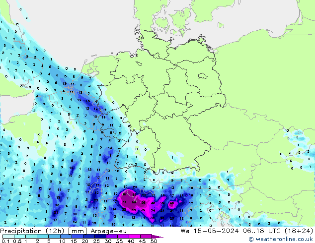 Precipitazione (12h) Arpege-eu mer 15.05.2024 18 UTC