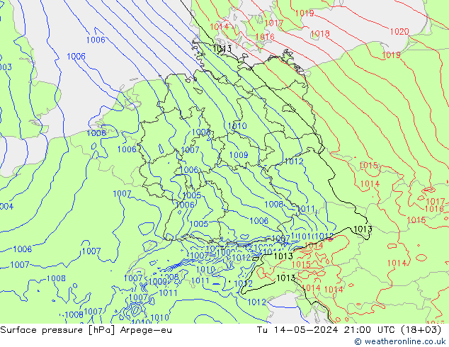 Atmosférický tlak Arpege-eu Út 14.05.2024 21 UTC