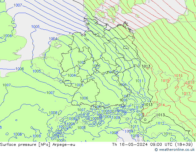 Atmosférický tlak Arpege-eu Čt 16.05.2024 09 UTC