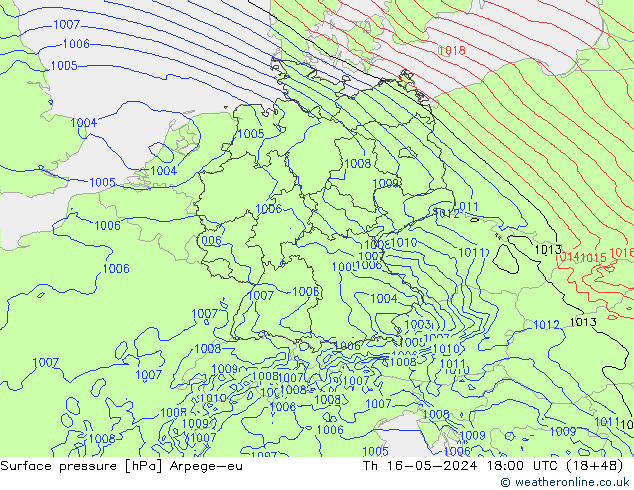 Atmosférický tlak Arpege-eu Čt 16.05.2024 18 UTC
