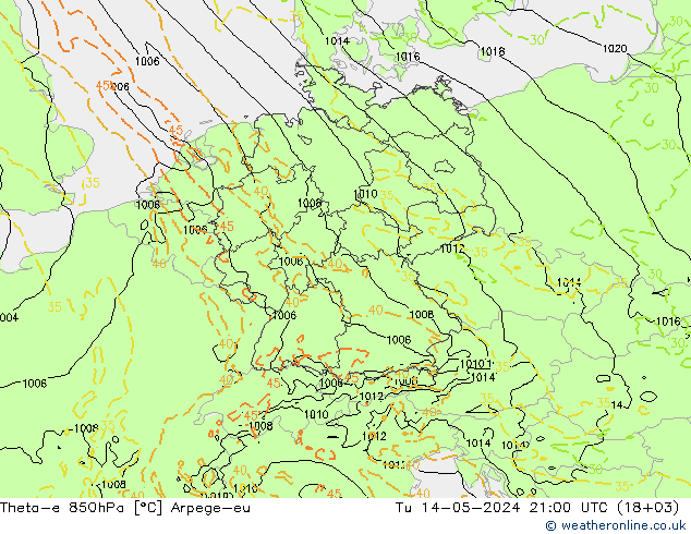 Theta-e 850hPa Arpege-eu 星期二 14.05.2024 21 UTC