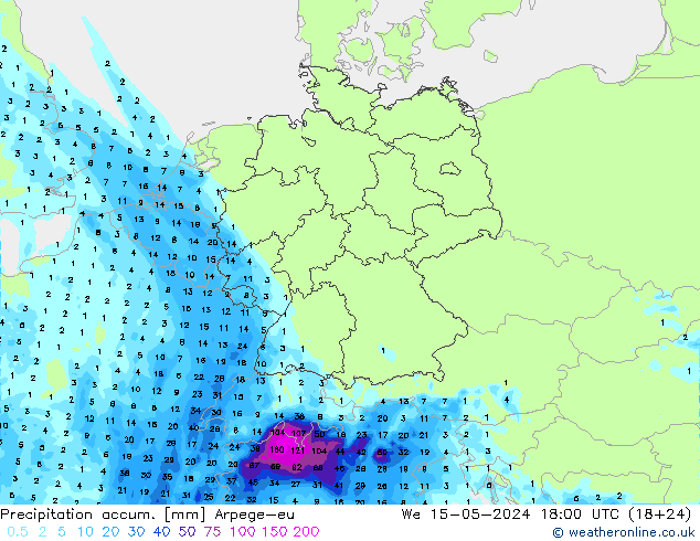 Precipitation accum. Arpege-eu We 15.05.2024 18 UTC