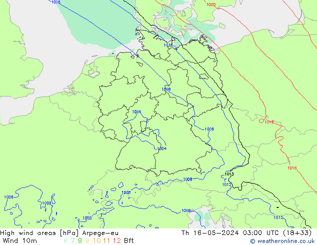 High wind areas Arpege-eu Th 16.05.2024 03 UTC