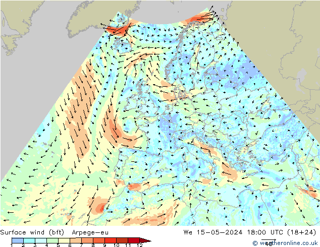 Surface wind (bft) Arpege-eu We 15.05.2024 18 UTC