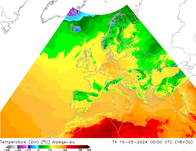 Temperature (2m) Arpege-eu Th 16.05.2024 00 UTC