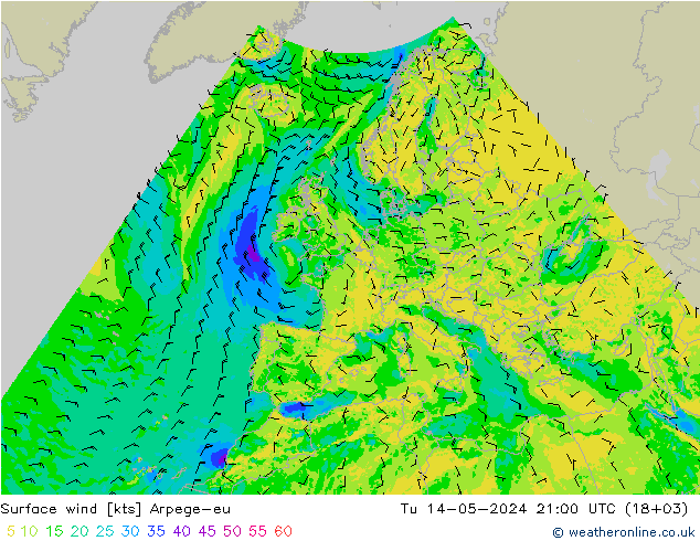 Surface wind Arpege-eu Tu 14.05.2024 21 UTC