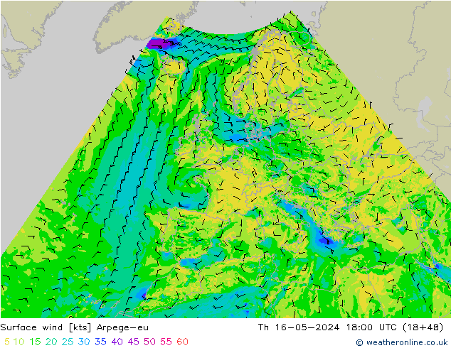 Surface wind Arpege-eu Th 16.05.2024 18 UTC