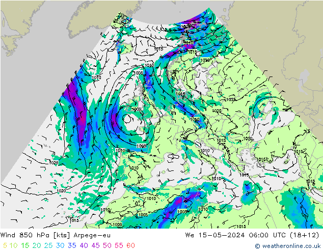 Wind 850 hPa Arpege-eu St 15.05.2024 06 UTC