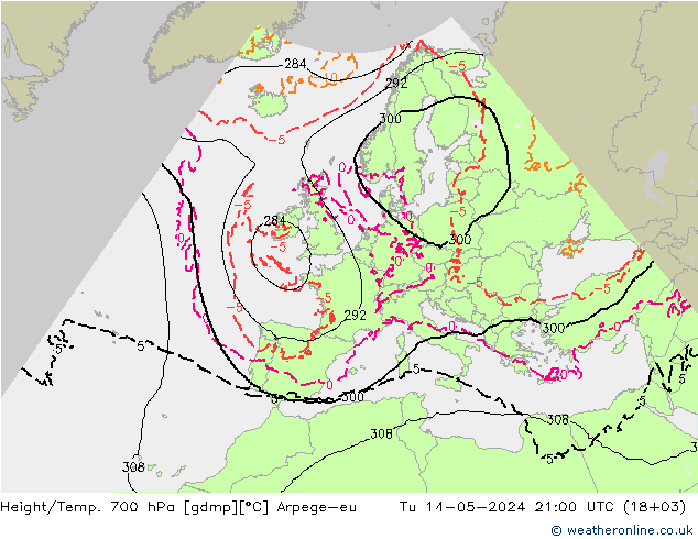Geop./Temp. 700 hPa Arpege-eu mar 14.05.2024 21 UTC