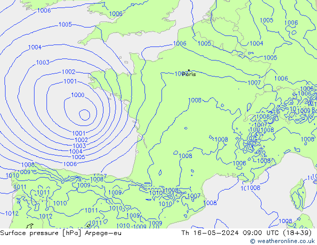Pressione al suolo Arpege-eu gio 16.05.2024 09 UTC
